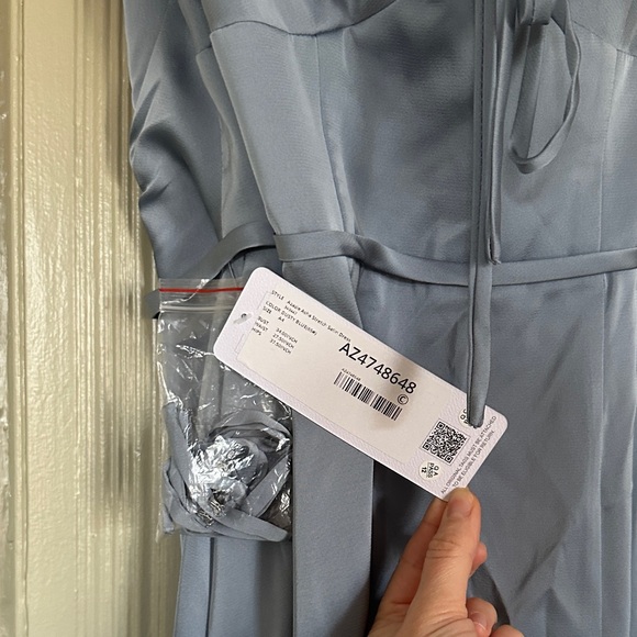 Azazie A-Line Off the Shoulder Stretch Satin Floor-Length Dress Dusty Blue - Picture 6 of 6